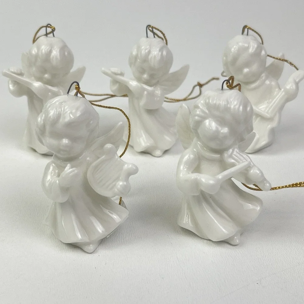 Schmid 5 Angels with Musical Instruments Christmas Ornaments White Japan